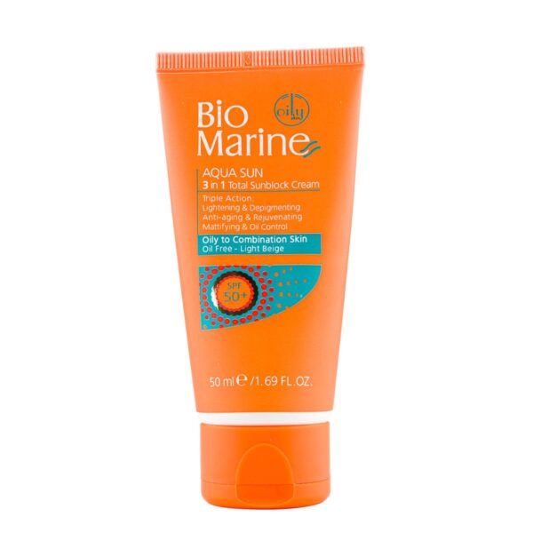 کرم ضد آفتاب روشن کننده و ضد چروک SPF50 بایومارین مدل AQUA SUN مناسب پوست های چرب و مختلط رنگ بژروشن حجم 50 میل