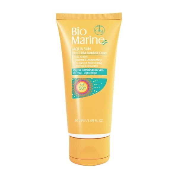 کرم ضد آفتاب بی رنگ فاقد چربی SPF50 بایو مارین مدل AQUA SUN مناسب پوست های چرب و جوش دار حجم 50 میل