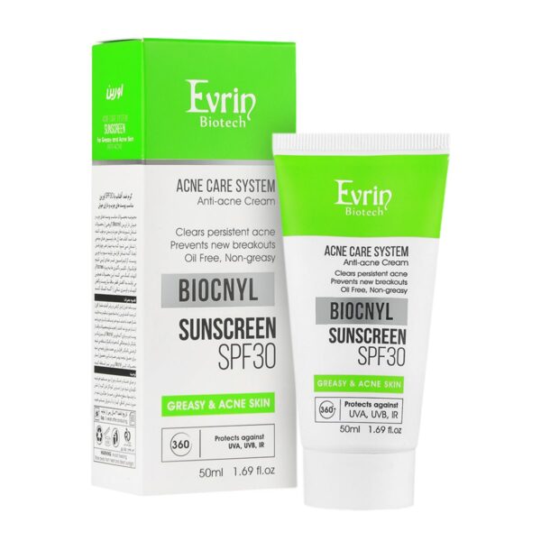 کرم ضدآفتاب و آنتی آکنه BIOCNYL بی رنگ SPF30 مناسب پوست های چرب و دارای آکنه اورین 50میل