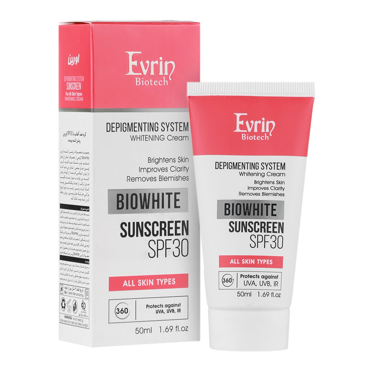 evrin-biowhite-sunscreen-spf30-all-skin-50ml کرم ضدآفتاب و روشن کننده BIOWHITE بی رنگ SPF30 مناسب انواع پوست اورین 50میل - Image 1