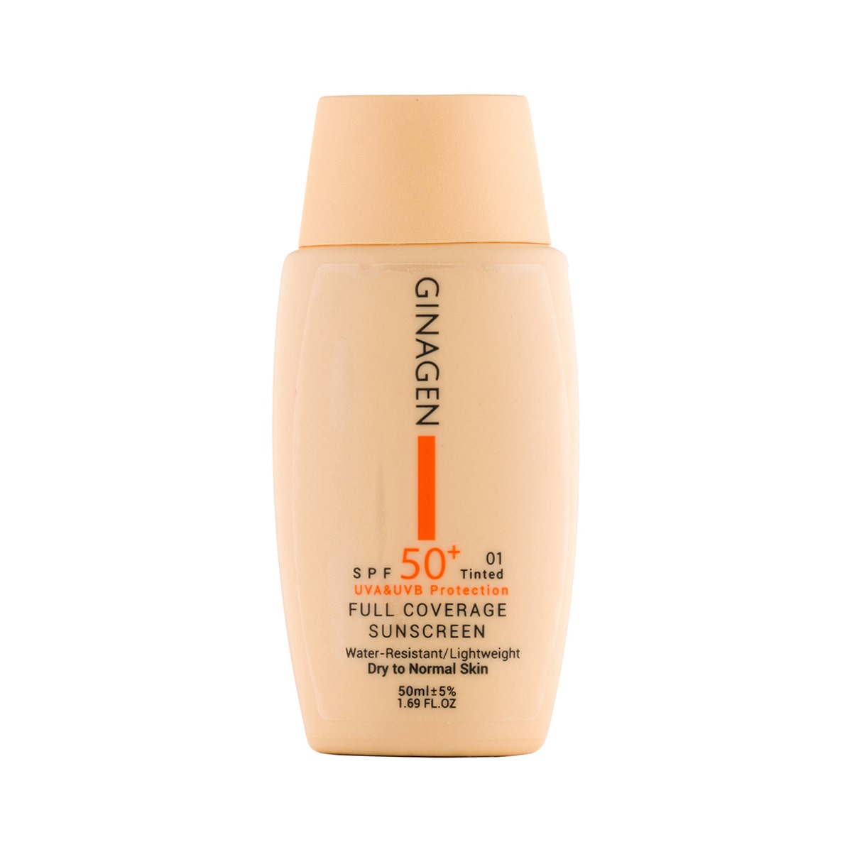 ginagen-full-coverage-tinted-sunscreen-spf50-code1-50ml ضد آفتاب رنگی ژیناژن مدل spf 50 مناسب پوست معمولی و خشک شماره 01 - Image 1